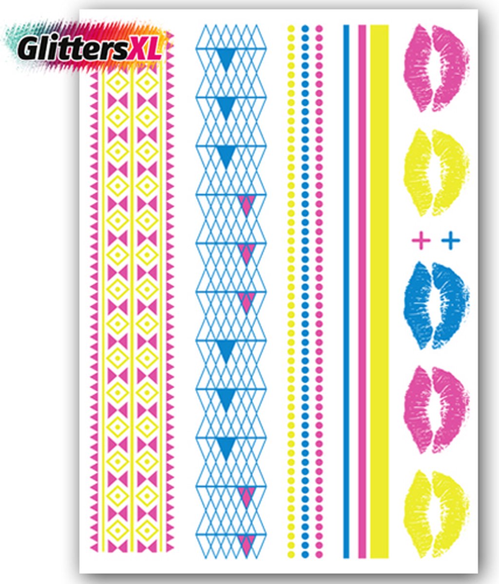 GlittersXL - Temporary Tattoo Neon/Glow In The Dark (A5 formaat) [Neptattoo - Tijdelijke tatoeage - Nep Fake Tattoos - Water overdraagbare festival sticker henna outfit tattoo - Glitter tattoo - Volwassenen Kinderen Jongen Meisje]